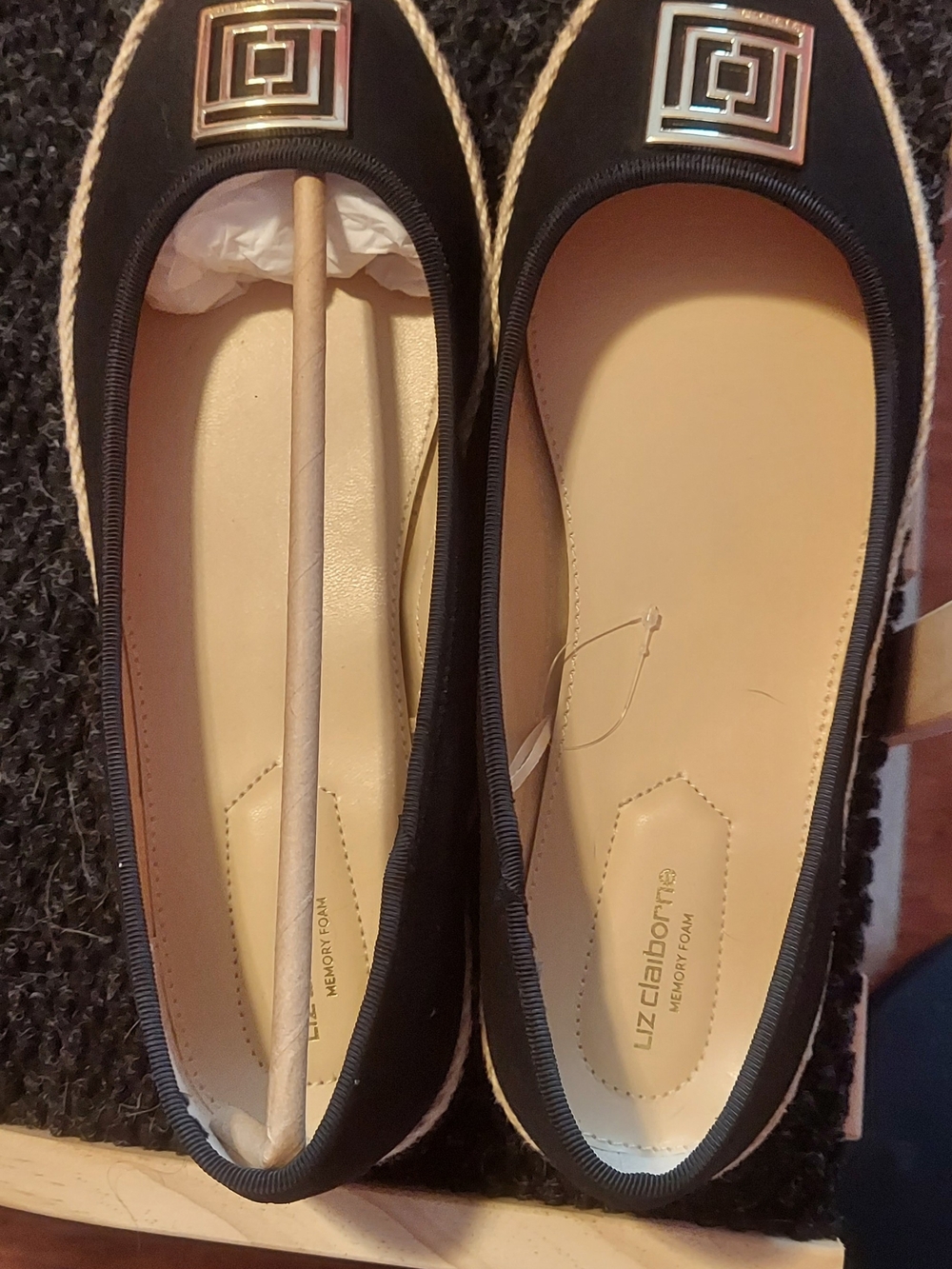 Liz Claiborne Black Espadrille Flats with Silver Emblem